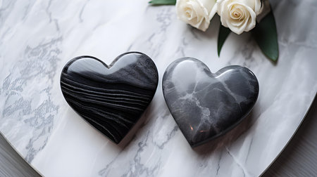 Close up of two anthracite hearts on a white marble background. Romantic backdrop with copy spaceの素材