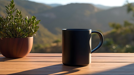 Close up of a black mug on a wooden table in the mountains. Blurred natural backgroundの素材
