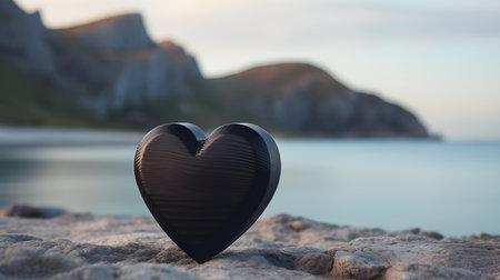Close up of a black wooden heart in front of a beautiful seascape. Blurred natural backgroundの素材
