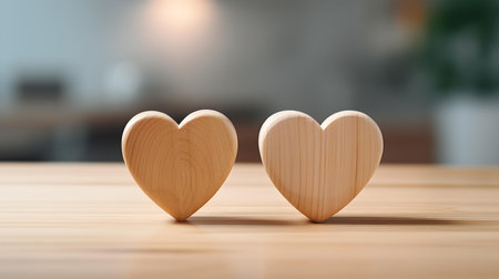 Close up of two beige hearts on a wooden table. Blurred Backgroundの素材