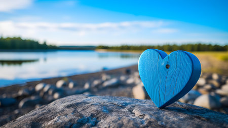 Close up of a blue wooden heart in front of a beautiful lake. Blurred natural backgroundの素材