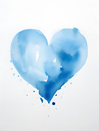 Drawing of a Heart in blue watercolors on a white background. Romantic template with copy spaceの素材