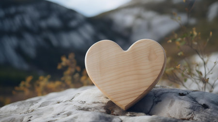 Close up of a beige wooden heart in the mountains. Blurred natural backgroundの素材