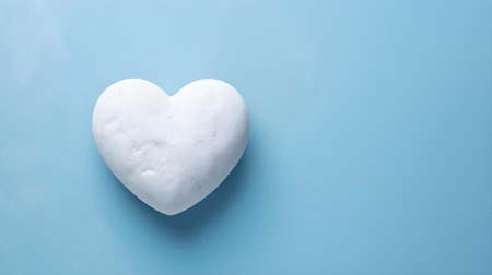 Top view of a white stone heart on a blue background. Romantic template with copy spaceの素材