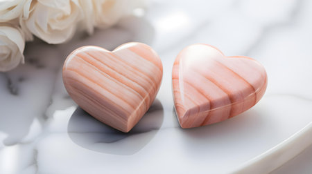 Close up of two blush hearts on a white marble background. Romantic backdrop with copy spaceの素材