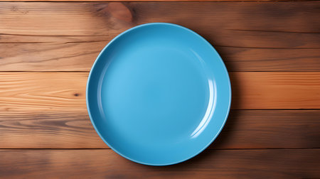 Top view of an empty plate in blue colors on a wooden table. Elegant template with copy spaceの素材