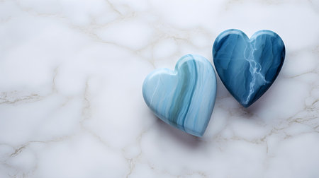Close up of two blue hearts on a white marble background. Romantic backdrop with copy spaceの素材