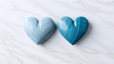 Close up of two blue hearts on a white marble background. Romantic backdrop with copy spaceの素材
