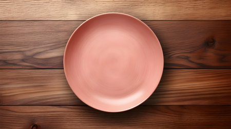 Top view of an empty plate in blush colors on a wooden table. Elegant template with copy spaceの素材