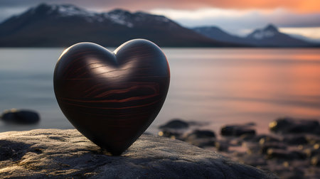 Close up of a black wooden heart in front of a beautiful seascape. Blurred natural backgroundの素材