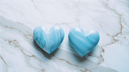 Close up of two blue hearts on a white marble background. Romantic backdrop with copy spaceの素材