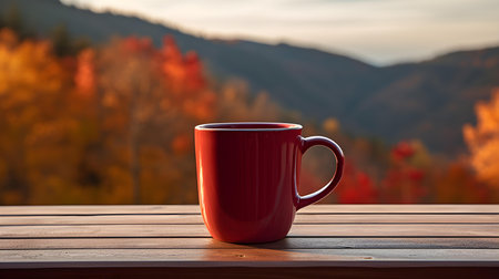 Close up of a burgundy mug on a wooden table in the mountains. Blurred natural backgroundの素材