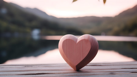 Close up of a blush wooden heart in front of a beautiful lake. Blurred natural backgroundの素材