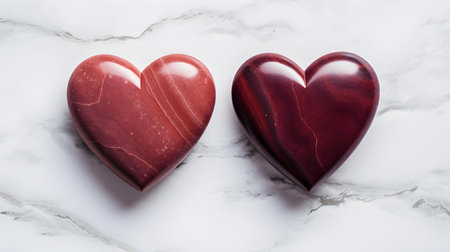Close up of two burgundy hearts on a white marble background. Romantic backdrop with copy spaceの素材