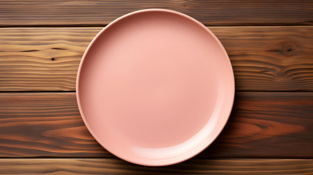 Top view of an empty plate in blush colors on a wooden table. Elegant template with copy spaceの素材