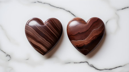 Close up of two dark brown hearts on a white marble background. Romantic backdrop with copy spaceの素材