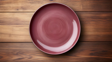 Top view of an empty plate in burgundy colors on a wooden table. Elegant template with copy spaceの素材