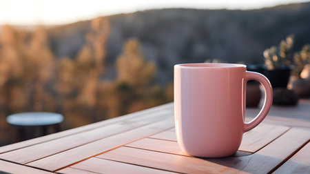 Close up of a blush mug on a wooden table in the mountains. Blurred natural backgroundの素材