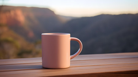 Close up of a blush mug on a wooden table in the mountains. Blurred natural backgroundの素材
