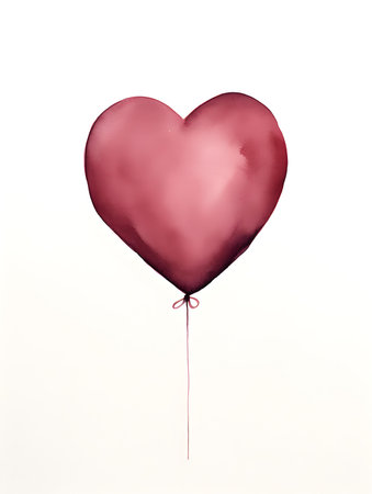 Drawing of a Heart shaped Balloon in burgundy Watercolors on a white Background. Romantic template with copy spaceの素材