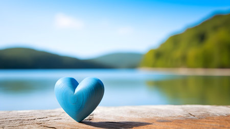 Close up of a blue wooden heart in front of a beautiful lake. Blurred natural backgroundの素材