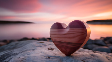 Close up of a burgundy wooden heart in front of a beautiful seascape. Blurred natural backgroundの素材