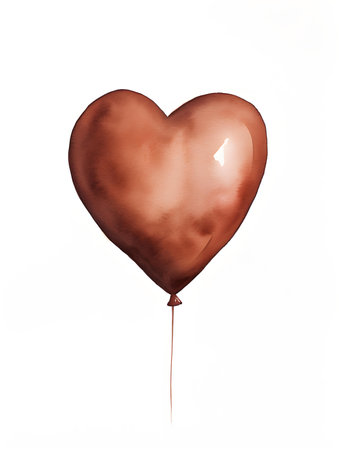 Drawing of a Heart shaped Balloon in dark brown watercolors on a white background. Romantic template with copy spaceの素材