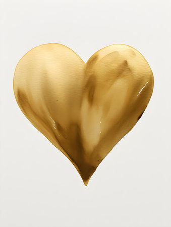 Drawing of a Heart in dark gold watercolors on a white background. Romantic template with copy spaceの素材