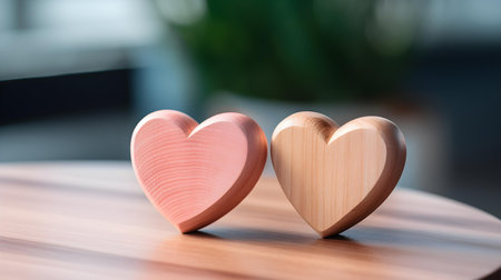 Close up of two blush hearts on a wooden table. Blurred Backgroundの素材