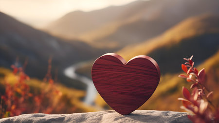 Close up of a burgundy wooden heart in the mountains. Blurred natural backgroundの素材