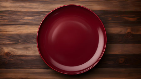 Top view of an empty plate in burgundy colors on a wooden table. Elegant template with copy spaceの素材