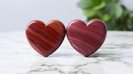 Close up of two burgundy hearts on a white marble background. Romantic backdrop with copy spaceの素材