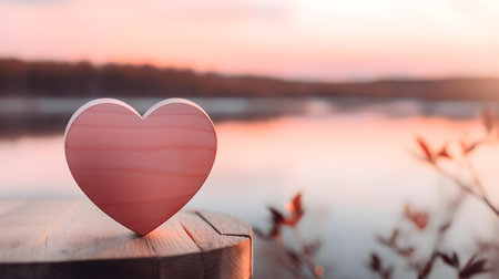 Close up of a blush wooden heart in front of a beautiful lake. Blurred natural backgroundの素材