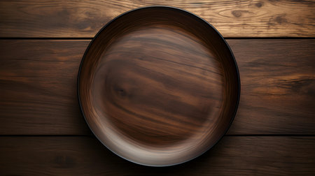 Top view of an empty plate in dark brown colors on a wooden table. Elegant template with copy spaceの素材