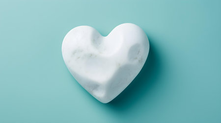Top View of a White Stone Heart on a cyan Background. Romantic template with copy spaceの素材