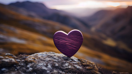 Close up of a dark purple wooden heart in the mountains. Blurred natural backgroundの素材