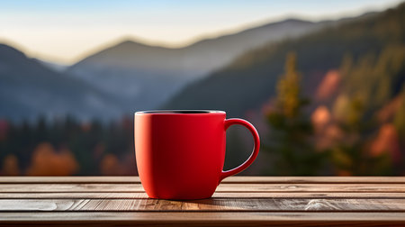 Close up of a dark red mug on a wooden table in the mountains. Blurred natural backgroundの素材