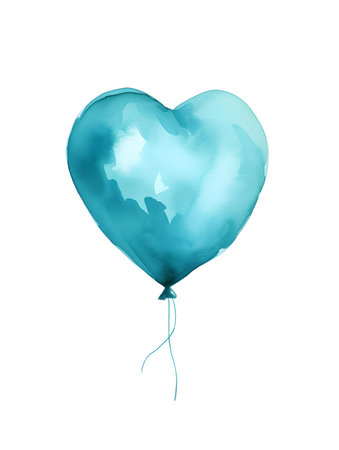 Drawing of a Heart shaped Balloon in cyan watercolors on a white background. Romantic template with copy spaceの素材