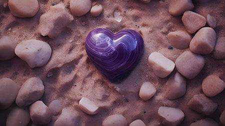 Top View of a dark purple Stone Heart in the Sand. Romantic Beach Backdropの素材