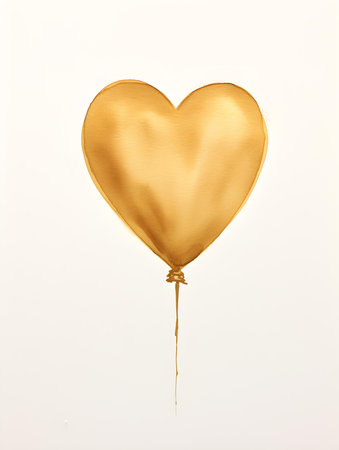 Drawing of a Heart shaped Balloon in dark gold watercolors on a white background. Romantic template with copy spaceの素材