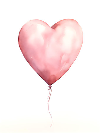 Drawing of a Heart shaped Balloon in blush Watercolors on a white Background. Romantic template with copy spaceの素材