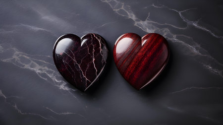 Close up of two burgundy hearts on a black marble background. Romantic backdrop with copy spaceの素材