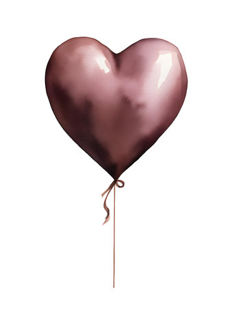 Drawing of a Heart shaped Balloon in dark brown watercolors on a white background. Romantic template with copy spaceの素材