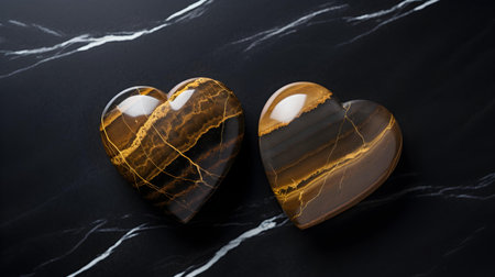 Close up of two dark gold hearts on a black marble background. Romantic backdrop with copy spaceの素材
