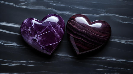 Close up of two dark purple hearts on a black marble background. Romantic backdrop with copy spaceの素材