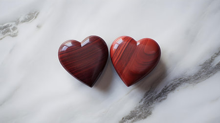 Close up of two dark red hearts on a white marble background. Romantic backdrop with copy spaceの素材
