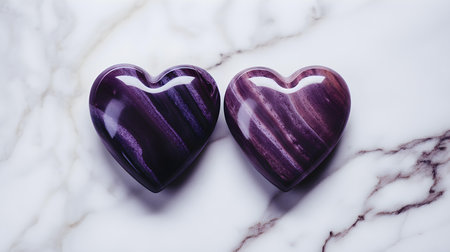 Close up of two dark purple hearts on a white marble background. Romantic backdrop with copy spaceの素材