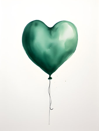 Drawing of a Heart shaped Balloon in dark green watercolors on a white background. Romantic template with copy spaceの素材