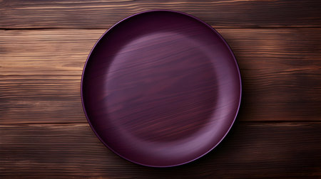 Top view of an empty plate in dark purple colors on a wooden table. Elegant template with copy spaceの素材