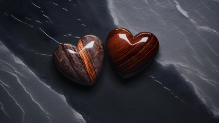 Close up of two dark brown hearts on a black marble background. Romantic backdrop with copy spaceの素材